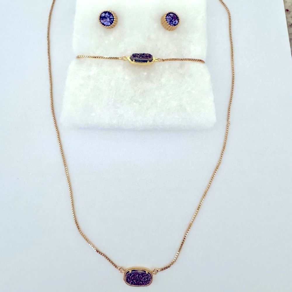 New in Box Purple Druzy Style Jewelry Set – Necklace, Bracelet & Stud Earrings